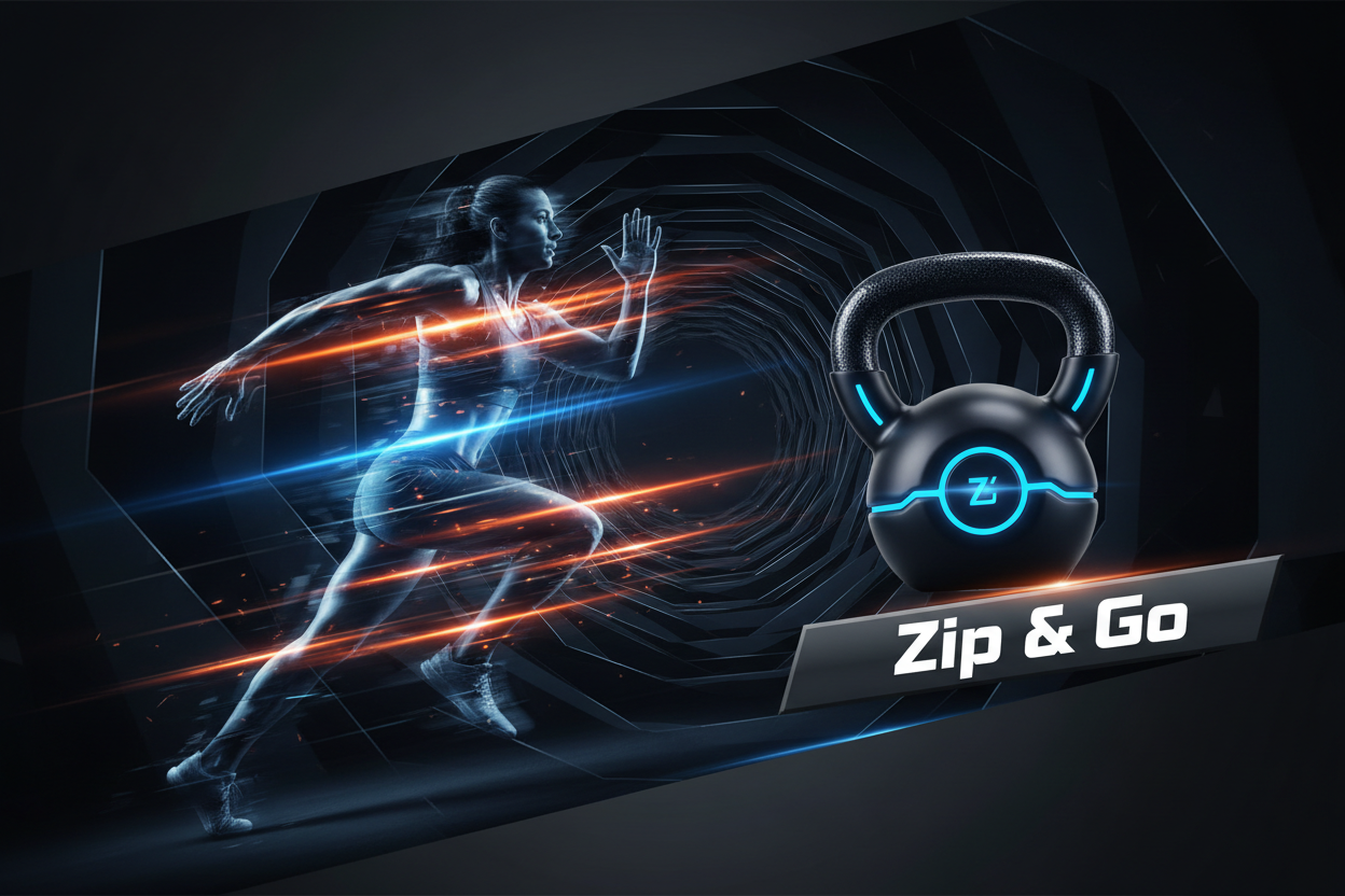 A vibrant and energetic Shopify banner for "Zip & Go". The scene depicts a blurred motion effect of an athlete (can be male or female) in mid-action (e.g., running, jumping, or swinging a kettlebell) with a clear, in-focus modern piece of sports equipment in the foreground. Streaks of neon orange and electric blue light (matching Zip & Go's brand colors) emanate from the athlete's movement, suggesting speed and energy. The background is an abstract, dark, and sleek environment that emphasizes focus and perf