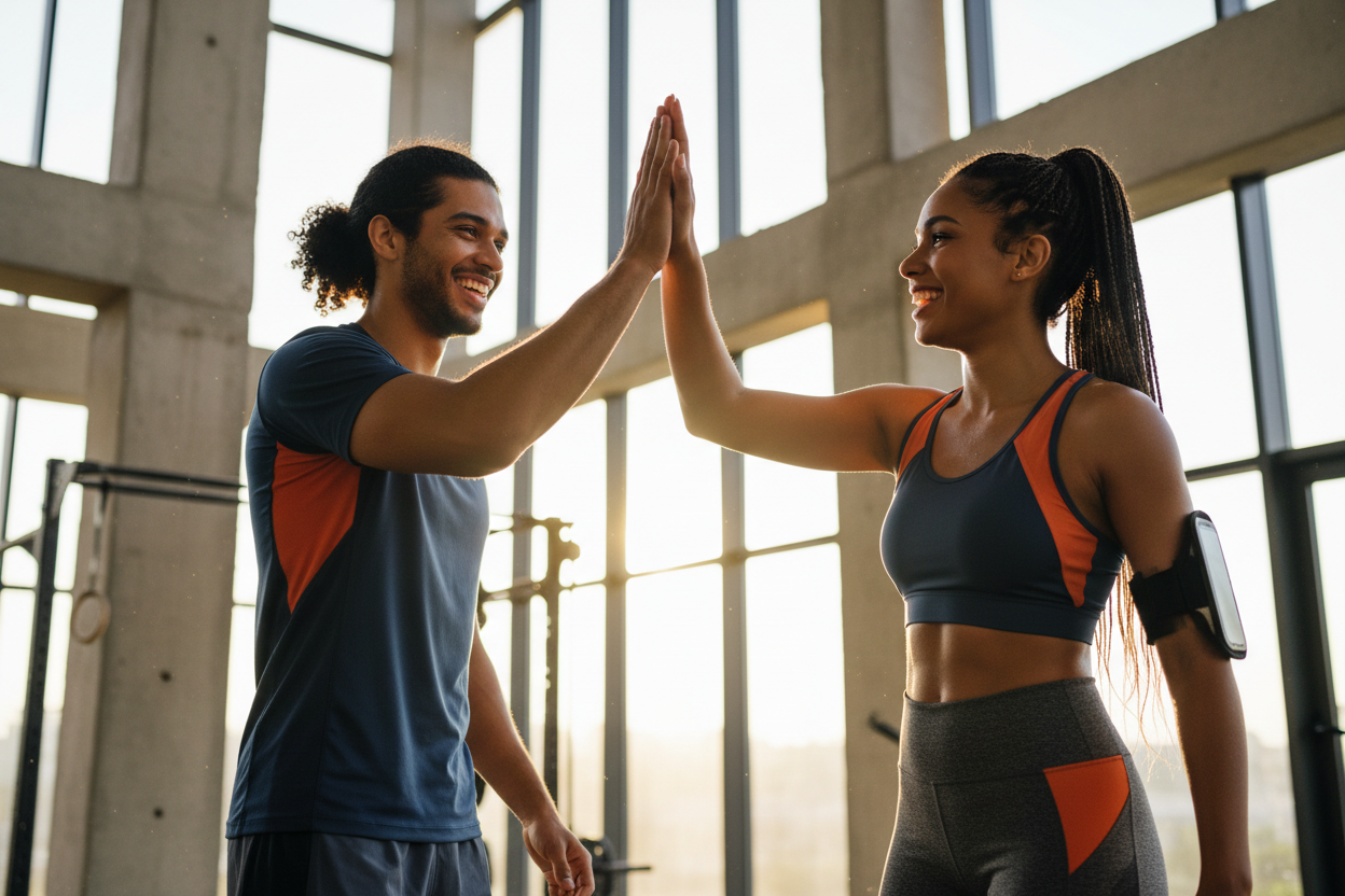 An uplifting, aspirational photo of diverse athletic individuals (a man and a woman) high-fiving or smiling triumphantly after an intense workout. They are sweaty, wearing modern athletic gear, in a sunlit, modern architectural gym with high ceilings and concrete walls. The lighting is warm and golden, creating a feeling of success and endorphins. The background is slightly blurred to keep focus on the positive emotion.